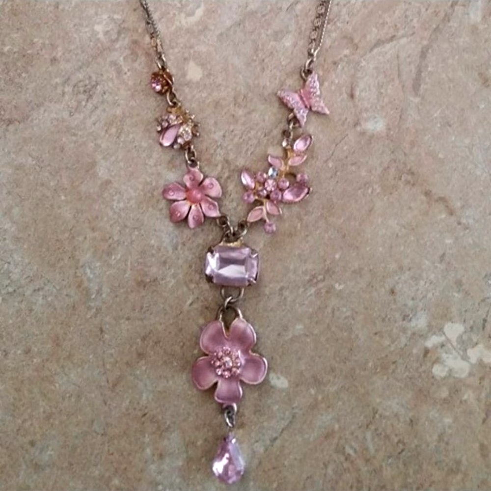 Sparkly Pink Rhinestone Enamel Pink Flower Butterfly Necklace
